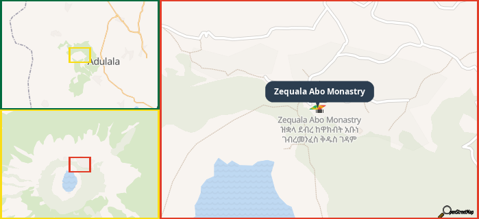 Map showing the address of Zequala Abo Monastry in three different zoom levels.