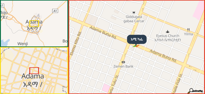 Map showing the address of አሚ ካፌ in three different zoom levels.