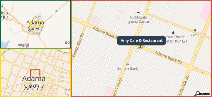 Map showing the address of Amy Cafe & Restaurant in three different zoom levels.