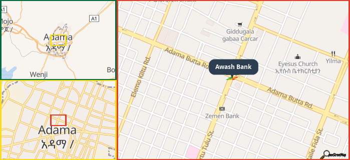 Map showing the address of Awash Bank in three different zoom levels.