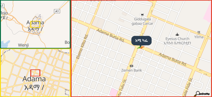 Map showing the address of አሚ ካፌ in three different zoom levels.