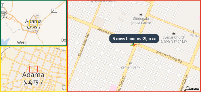 Map showing the address of Gamoo Immiruu Oljirraa in three different zoom levels.