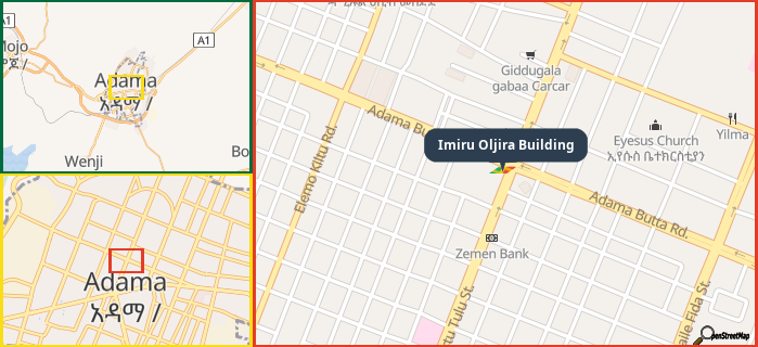 Map showing the address of Imiru Oljira Building in three different zoom levels.