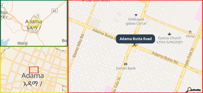 Map showing the address of Adama Butta Road in three different zoom levels.