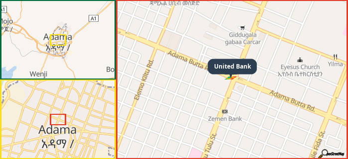 Map showing the address of United Bank in three different zoom levels.