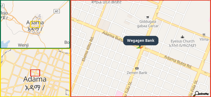 Map showing the address of Wegagen Bank in three different zoom levels.