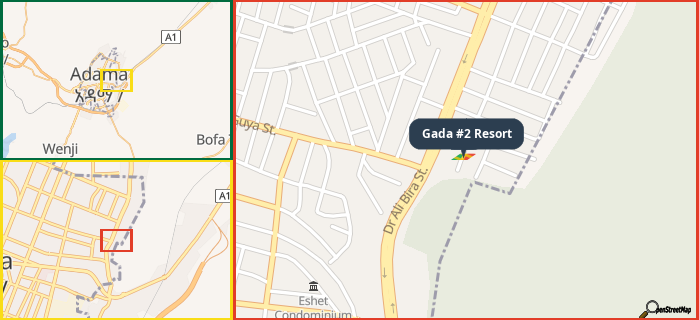 Map showing the address of Gada #2 Resort in three different zoom levels.