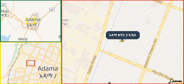 Map showing the address of አዳማ ቁጥር 3 ት/ቤት in three different zoom levels.