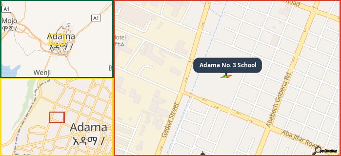 Map showing the address of Adama No. 3 School in three different zoom levels.