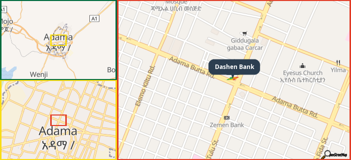 Map showing the address of Dashen Bank in three different zoom levels.