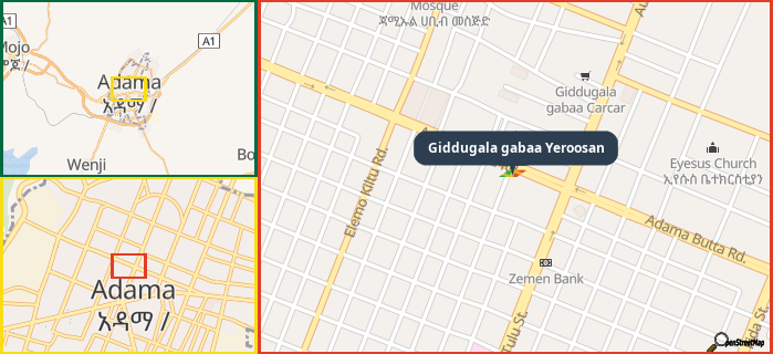 Map showing the address of Giddugala gabaa Yeroosan in three different zoom levels.