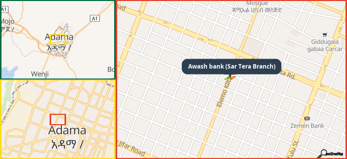 Map showing the address of Awash bank (Sar Tera Branch) in three different zoom levels.