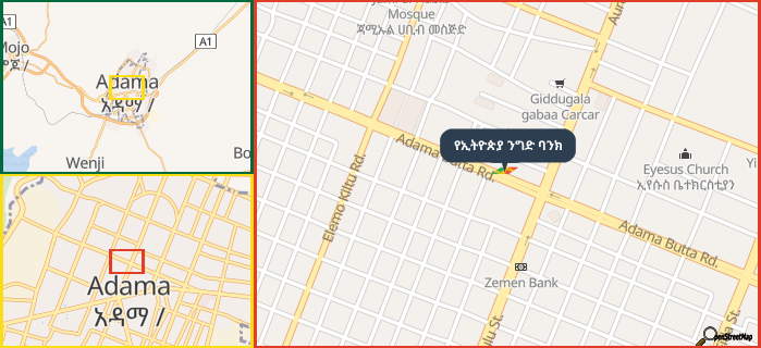 Map showing the address of የኢትዮጵያ ንግድ ባንክ in three different zoom levels.
