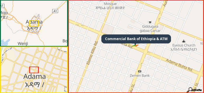 Map showing the address of Commercial Bank of Ethiopia & ATM in three different zoom levels.