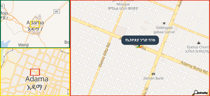 Map showing the address of የኢትዮጵያ ንግድ ባንክ in three different zoom levels.