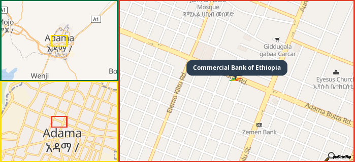 Map showing the address of Commercial Bank of Ethiopia in three different zoom levels.