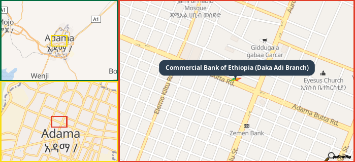 Map showing the address of Commercial Bank of Ethiopia (Daka Adi Branch) in three different zoom levels.