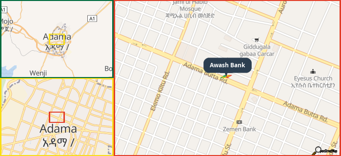 Map showing the address of Awash Bank in three different zoom levels.