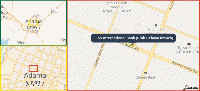 Map showing the address of Lion International Bank (Ginb Gebaya Branch) in three different zoom levels.