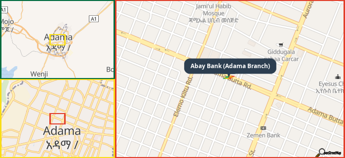 Map showing the address of Abay Bank (Adama Branch) in three different zoom levels.