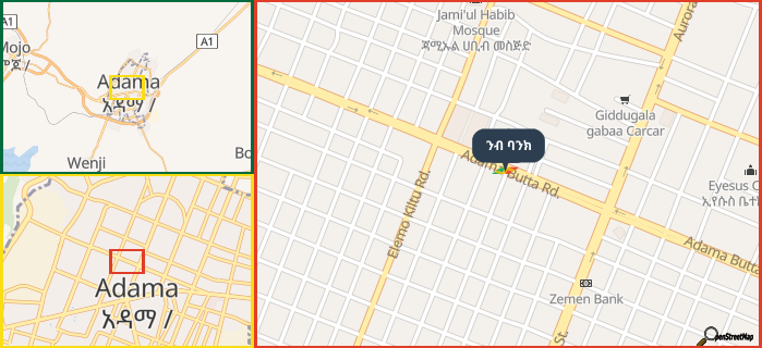Map showing the address of ንብ ባንክ in three different zoom levels.