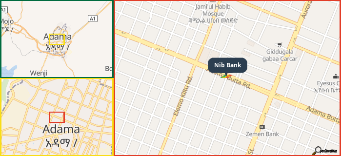 Map showing the address of Nib Bank in three different zoom levels.