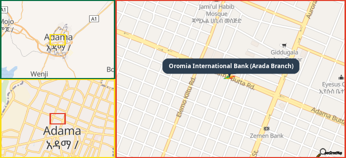 Map showing the address of Oromia International Bank (Arada Branch) in three different zoom levels.