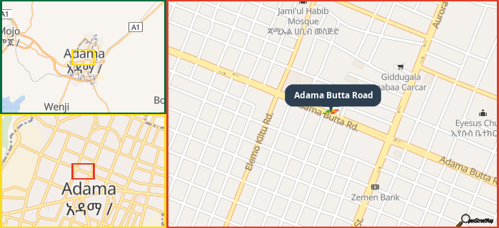 Map showing the address of Adama Butta Road in three different zoom levels.
