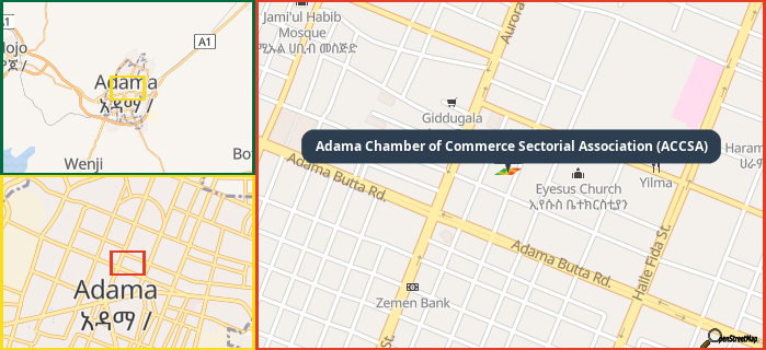 Map showing the address of Adama Chamber of Commerce Sectorial Association (ACCSA) in three different zoom levels.