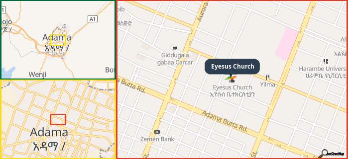 Map showing the address of Eyesus Church in three different zoom levels.