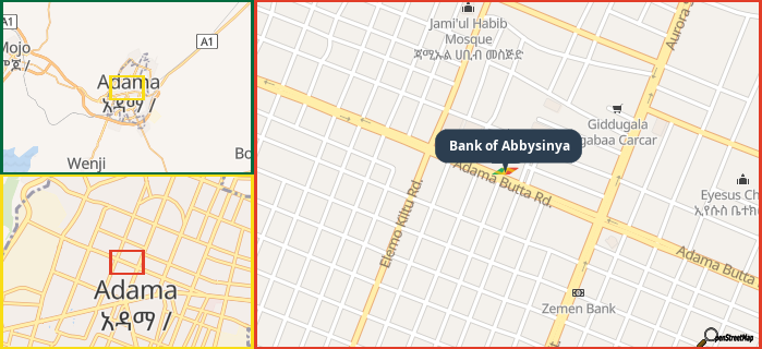 Map showing the address of Bank of Abbysinya in three different zoom levels.