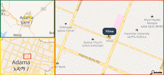 Map showing the address of Yilma in three different zoom levels.