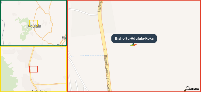 Map showing the address of Bishoftu-Adulala-Koka in three different zoom levels.