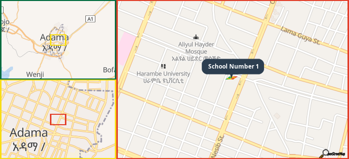 Map showing the address of School Number 1 in three different zoom levels.