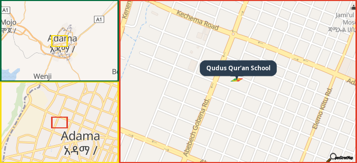 Map showing the address of Qudus Qur'an School in three different zoom levels.