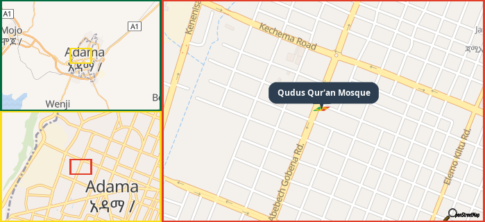 Map showing the address of Qudus Qur'an Mosque in three different zoom levels.