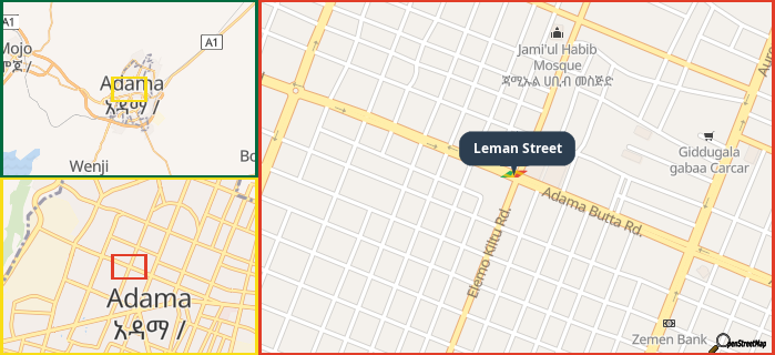 Map showing the address of Leman Street in three different zoom levels.
