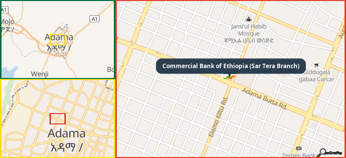 Map showing the address of Commercial Bank of Ethiopia (Sar Tera Branch) in three different zoom levels.