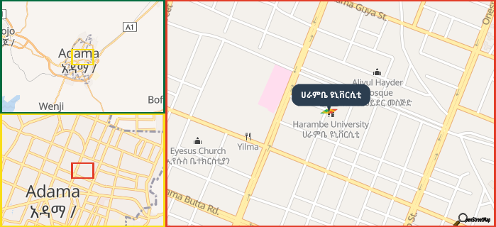 Map showing the address of ሀራምቤ ዩኒቨርሲቲ in three different zoom levels.
