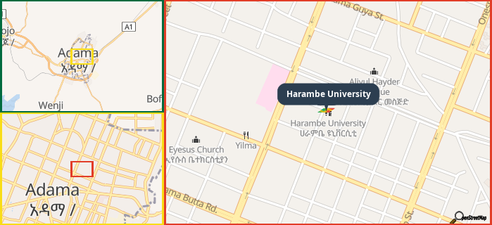 Map showing the address of Harambe University in three different zoom levels.