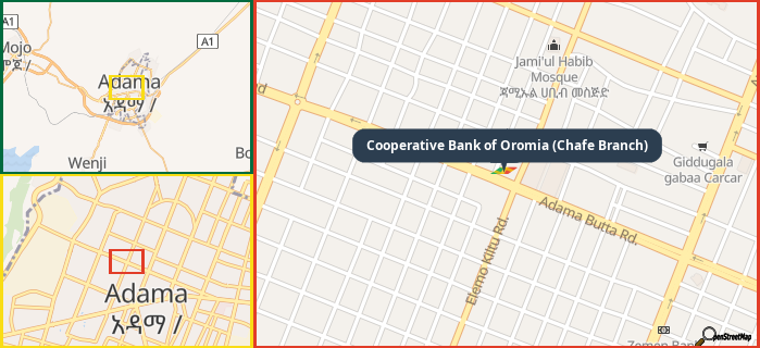 Map showing the address of Cooperative Bank of Oromia (Chafe Branch) in three different zoom levels.