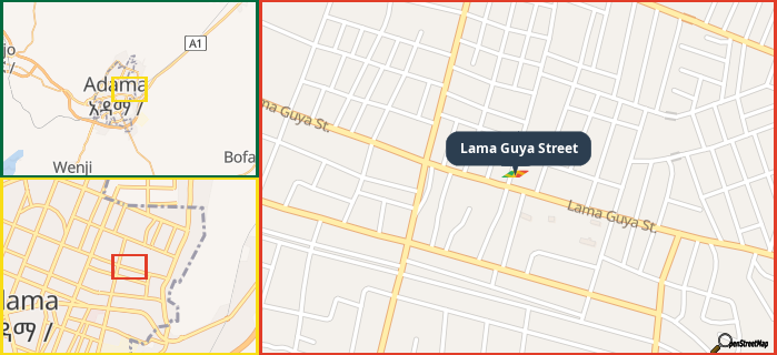 Map showing the address of Lama Guya Street in three different zoom levels.