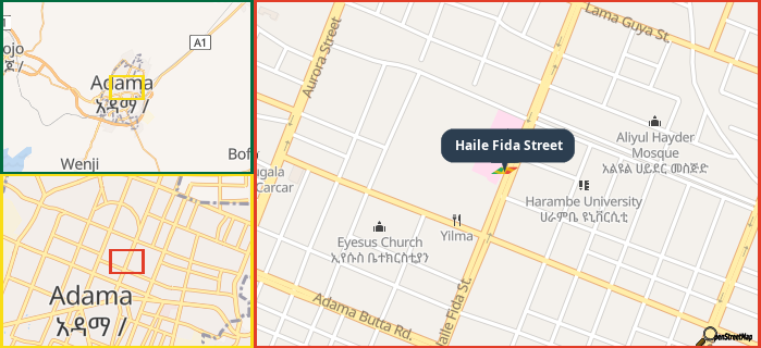 Map showing the address of Haile Fida Street in three different zoom levels.