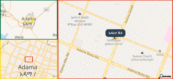Map showing the address of ኤፍራታ ጁስ in three different zoom levels.