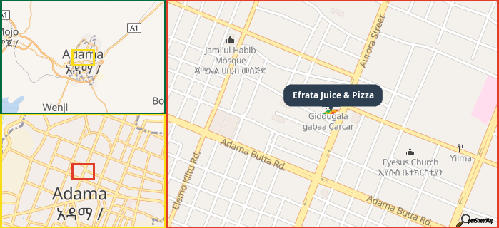 Map showing the address of Efrata Juice & Pizza in three different zoom levels.