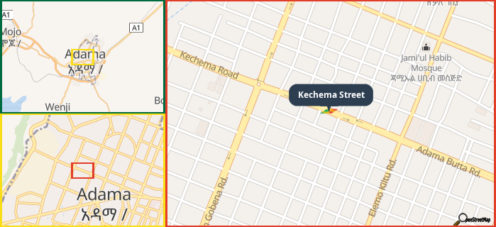Map showing the address of Kechema Street in three different zoom levels.