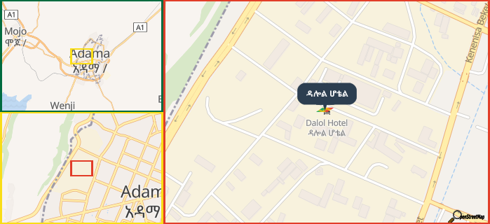 Map showing the address of ዳሎል ሆቴል in three different zoom levels.