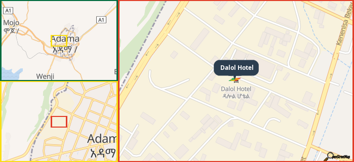 Map showing the address of Dalol Hotel in three different zoom levels.