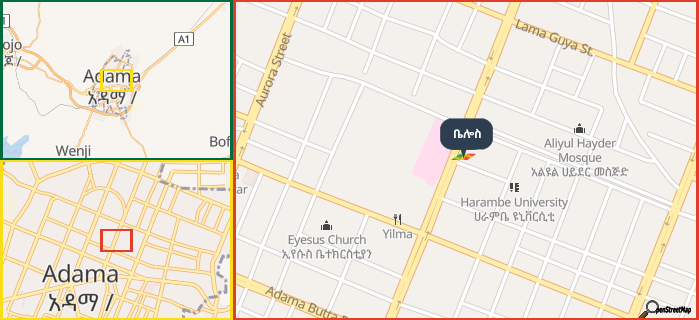 Map showing the address of ቤሎስ in three different zoom levels.