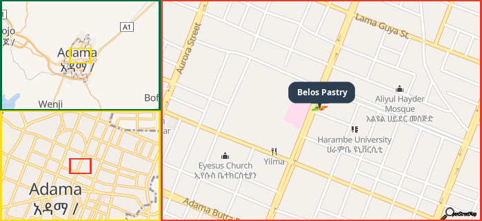 Map showing the address of Belos Pastry in three different zoom levels.